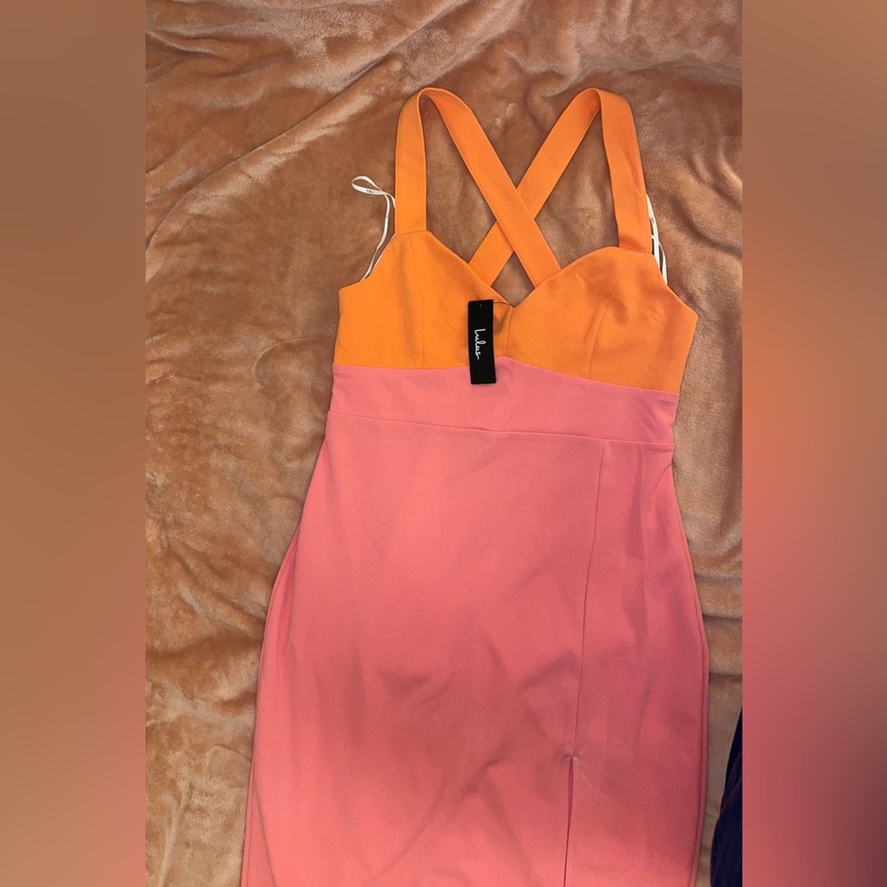 Lulu’s Most Loved Pink and Light Orange Colorblock Midi dress XL. NWT - Picture 5 of 5